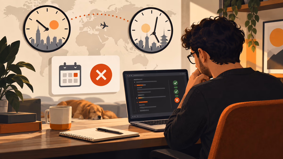 Developer investigating a timezone bug with two clocks and a date test.