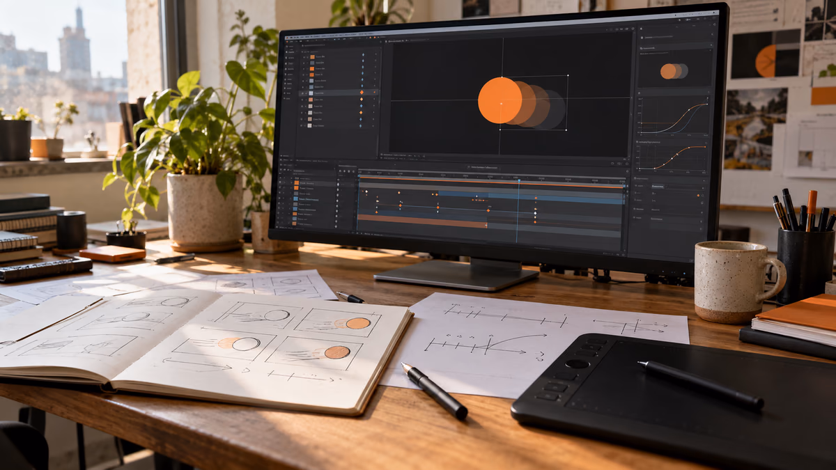 Motion designer working on an orange shape and animation timeline at a studio desk.