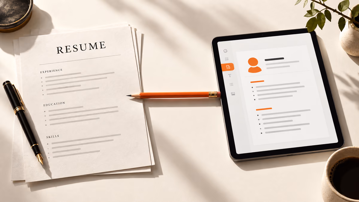 A paper resume and digital editor connected by a pencil.
