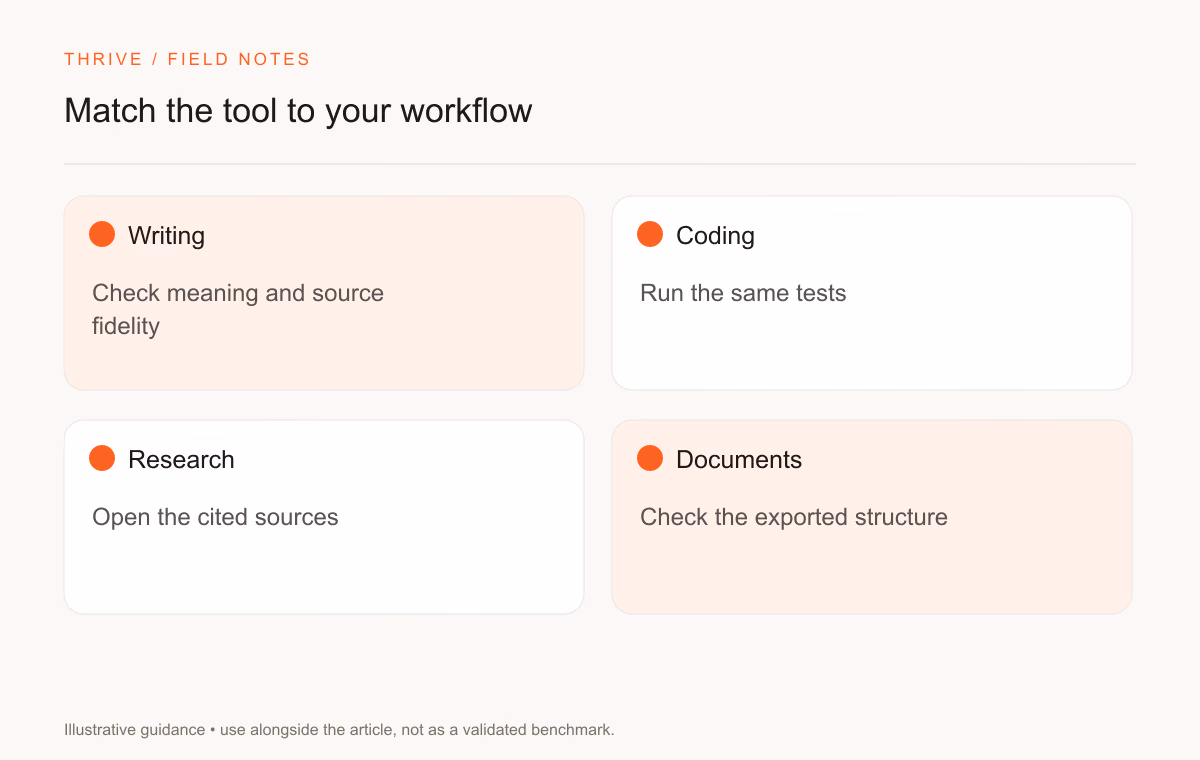 Writing: Check meaning and source fidelity. Coding: Run the same tests. Research: Open the cited sources. Documents: Check the exported structure