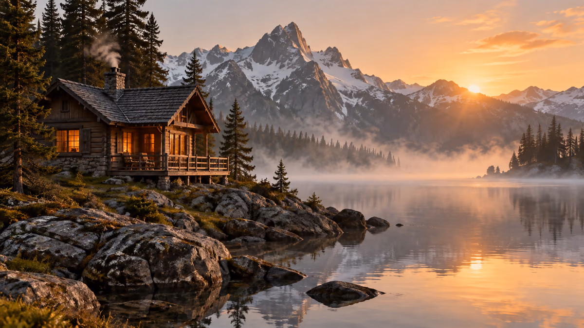 Editorial illustration of a mountain cabin at dawn beside a foggy lake.