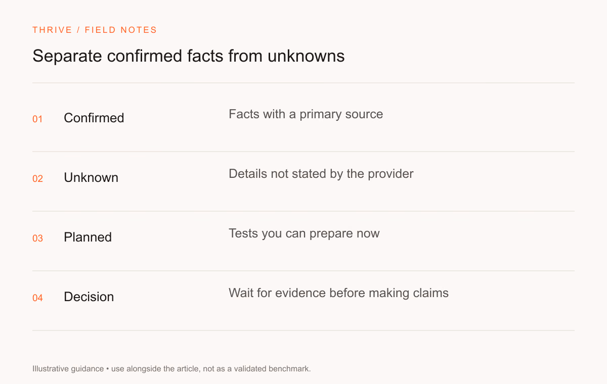 Confirmed: Facts with a primary source. Unknown: Details not stated by the provider. Planned: Tests you can prepare now. Decision: Wait for evidence before making claims