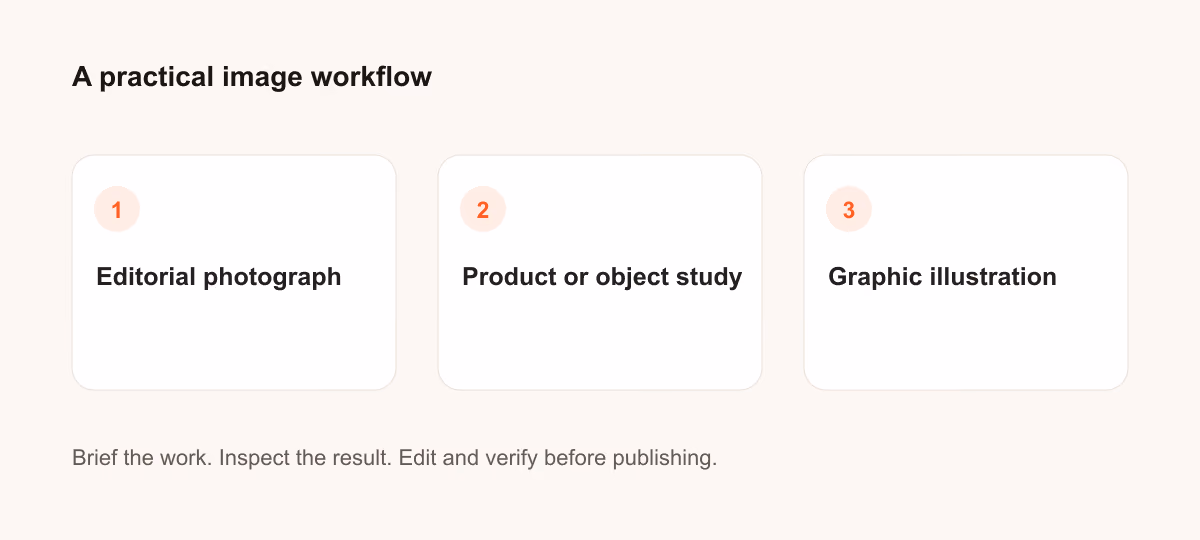 Three-step image workflow: brief the work, inspect the result, edit and verify.