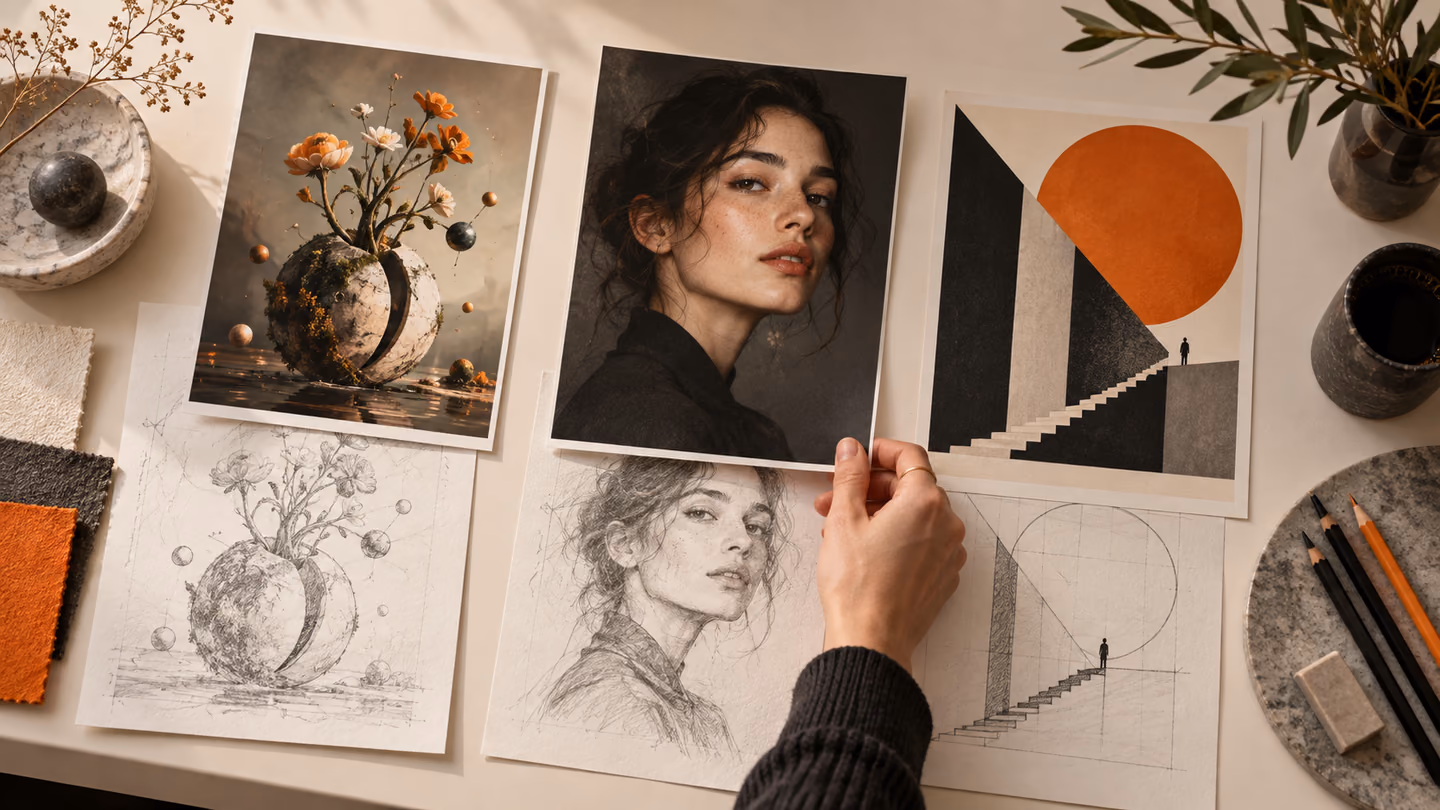 Image concept board with portrait, botanical and geometric compositions.