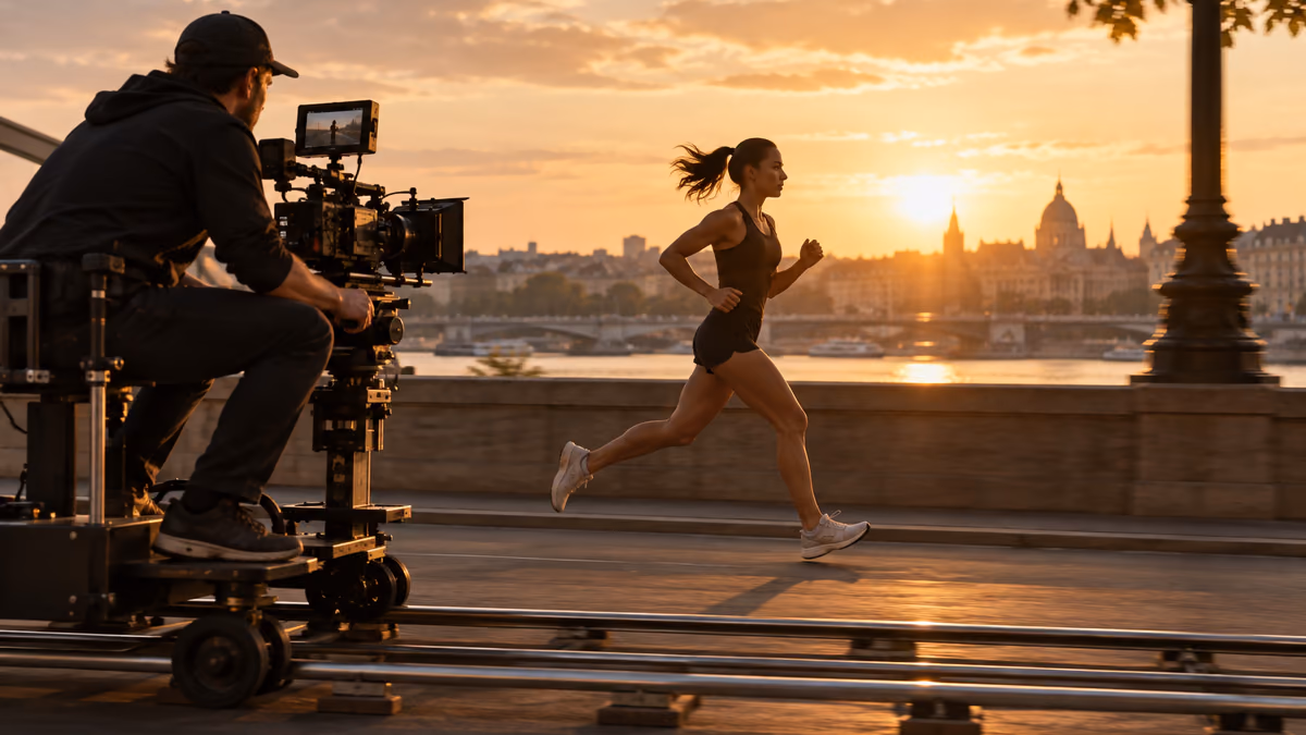 Storyboard still of a camera tracking a runner from the side.