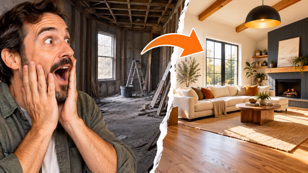 Thumbnail image concept showing a person reacting to a renovated room.