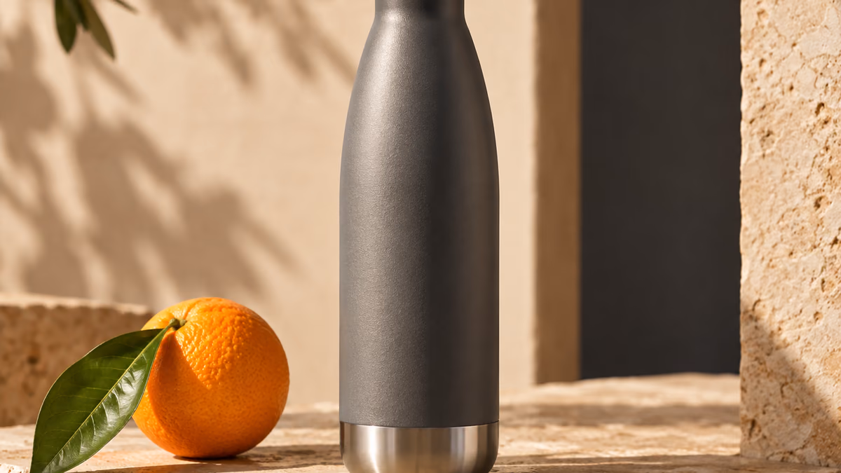 Product photograph of a metal water bottle on a warm stone plinth.