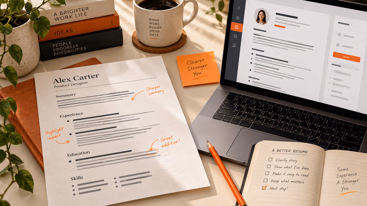 A human-authored resume with an illustrative editor on a warm worktable.