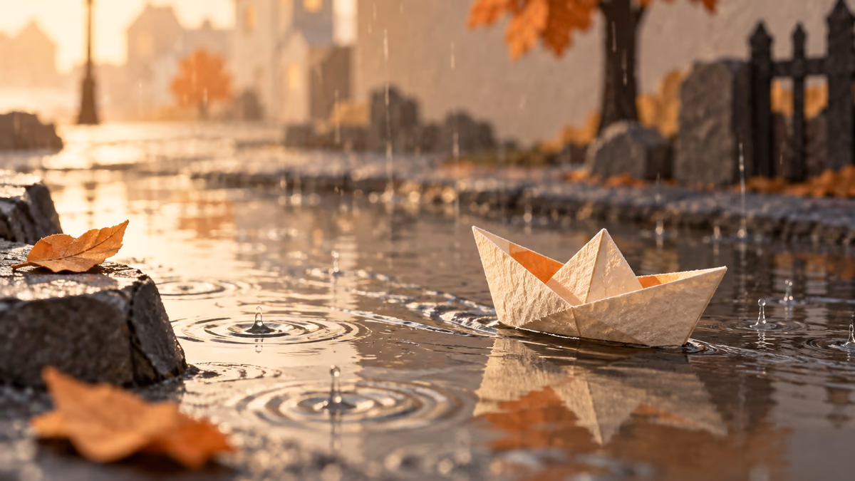 Stop-motion style frame of a paper boat crossing a rain puddle.