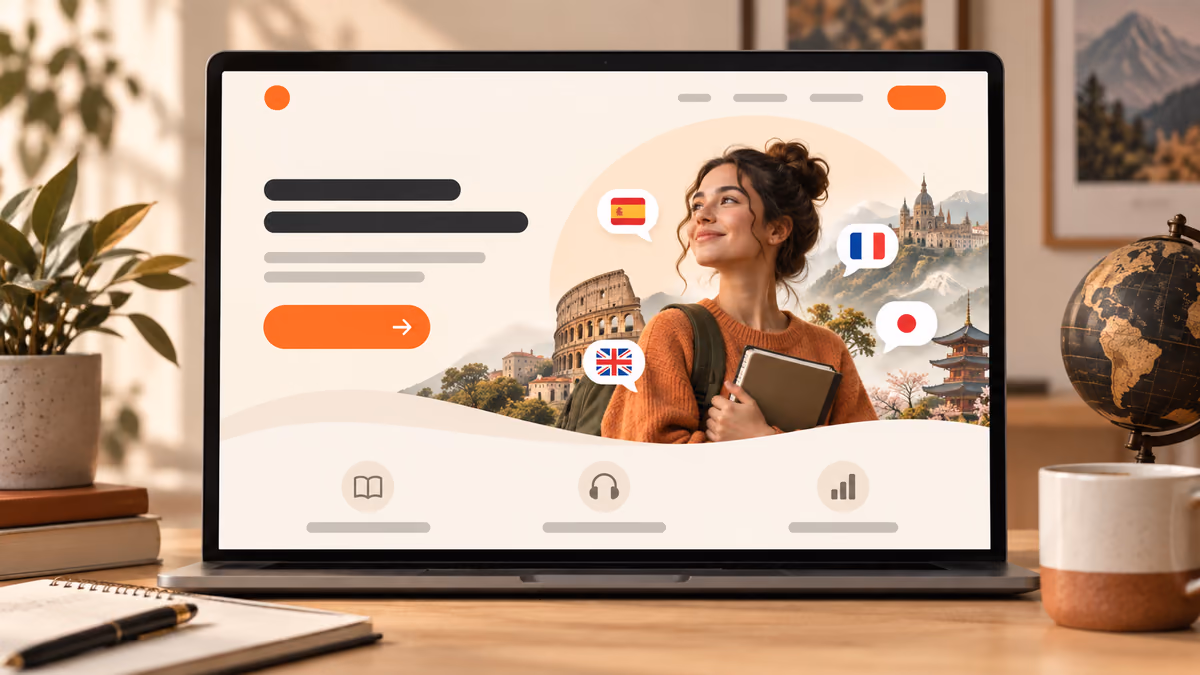 Landing-page interface concept for a language-learning app.