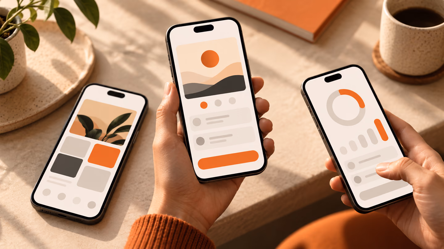 Mobile app interface concepts shown across three devices.