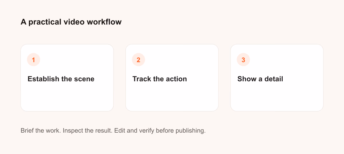 Three-step video workflow: brief the work, inspect the result, edit and verify.