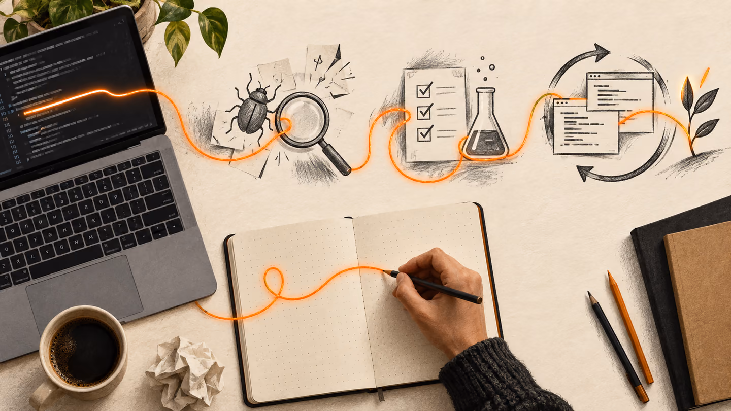 Developer workspace with a laptop and an orange thread connecting coding tasks.