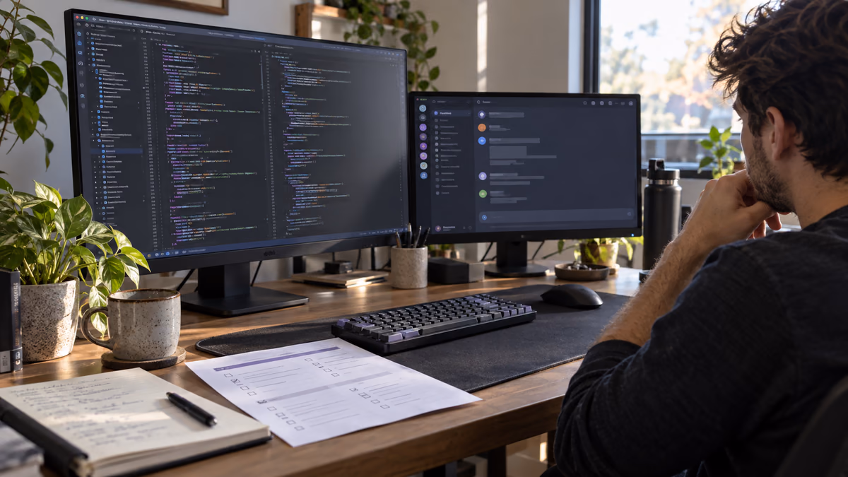 Developer checking bot code and a community chat interface at a desk.