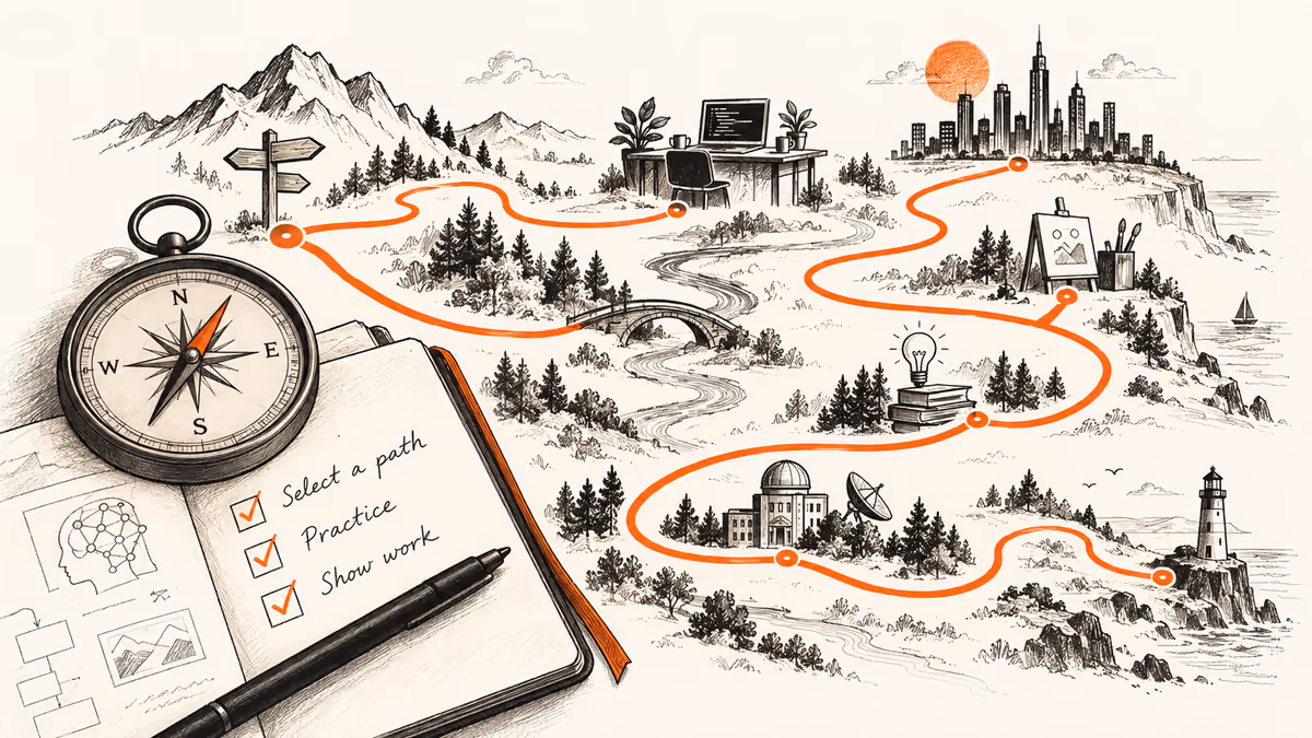 A winding editorial map from compass to portfolio landmarks.