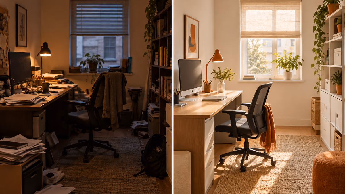 Before-and-after concept images of the same compact home office from a fixed angle.