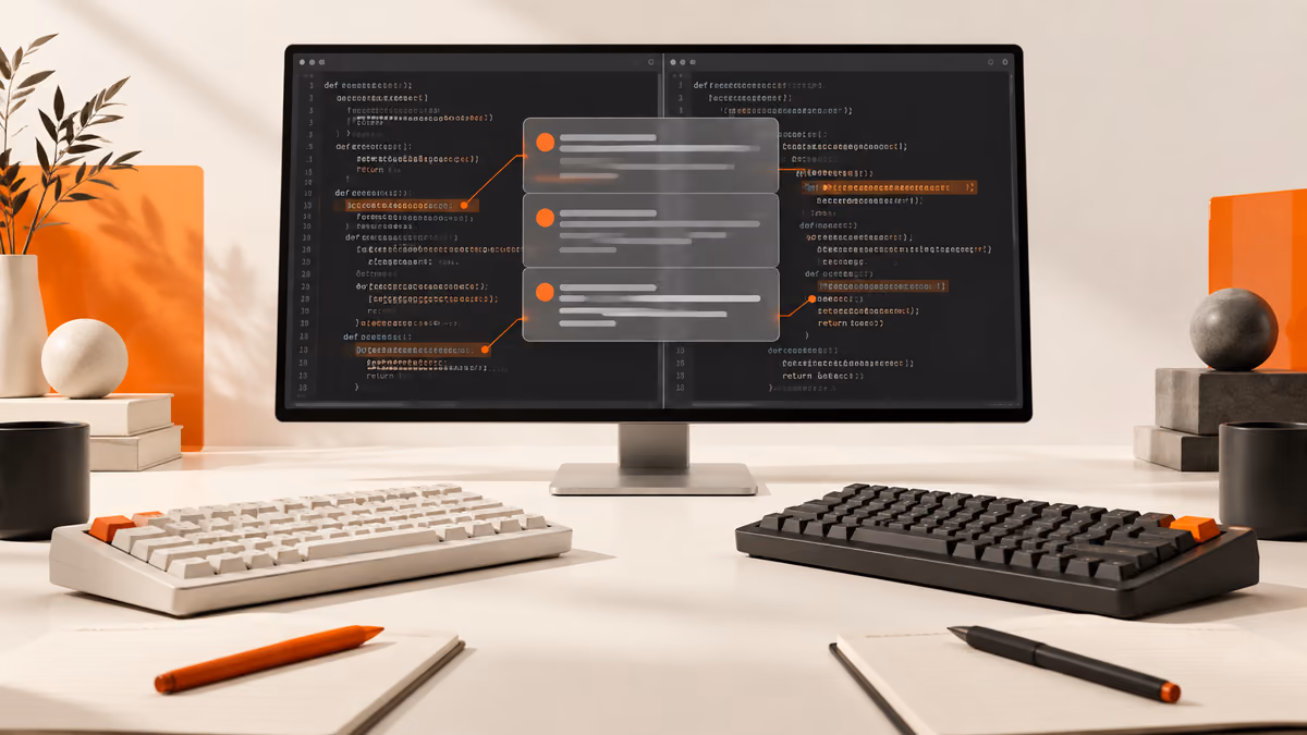 Two keyboards and one shared code-review screen.