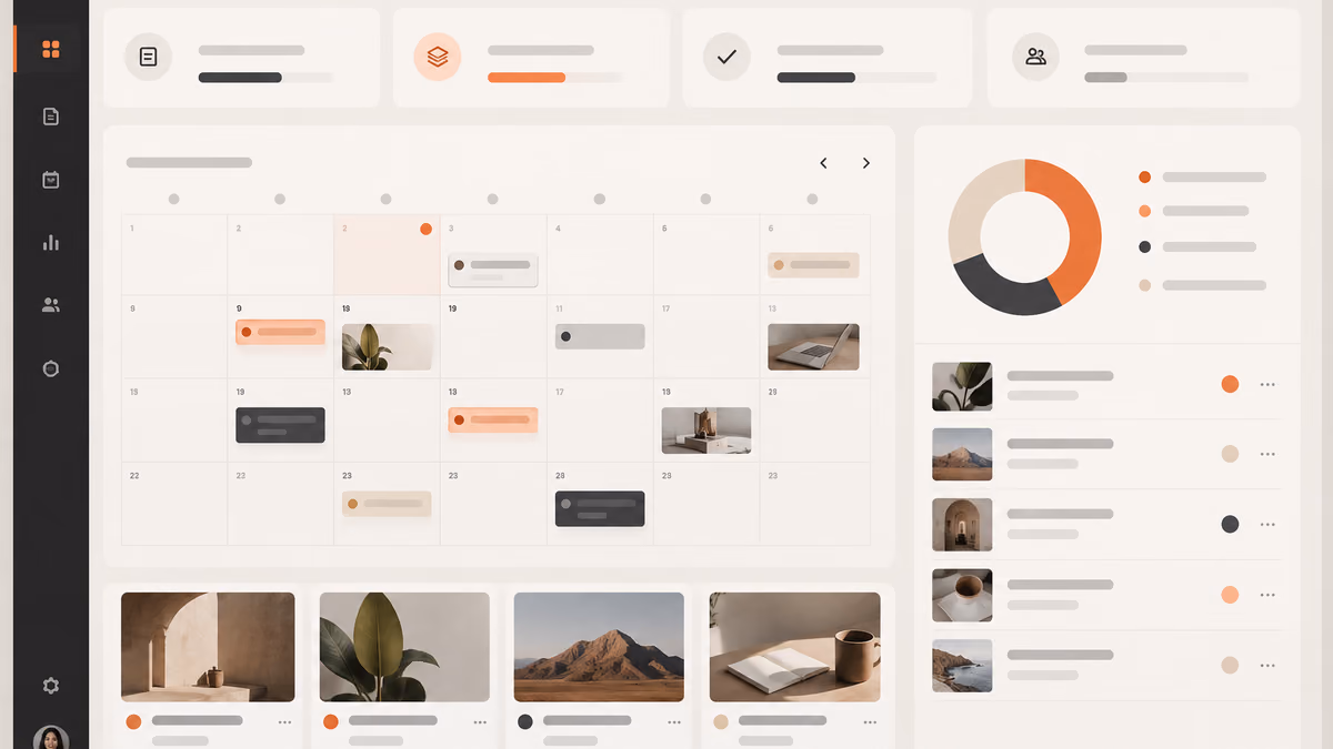 Dashboard UI concept showing a publishing calendar, status chart and review queue.