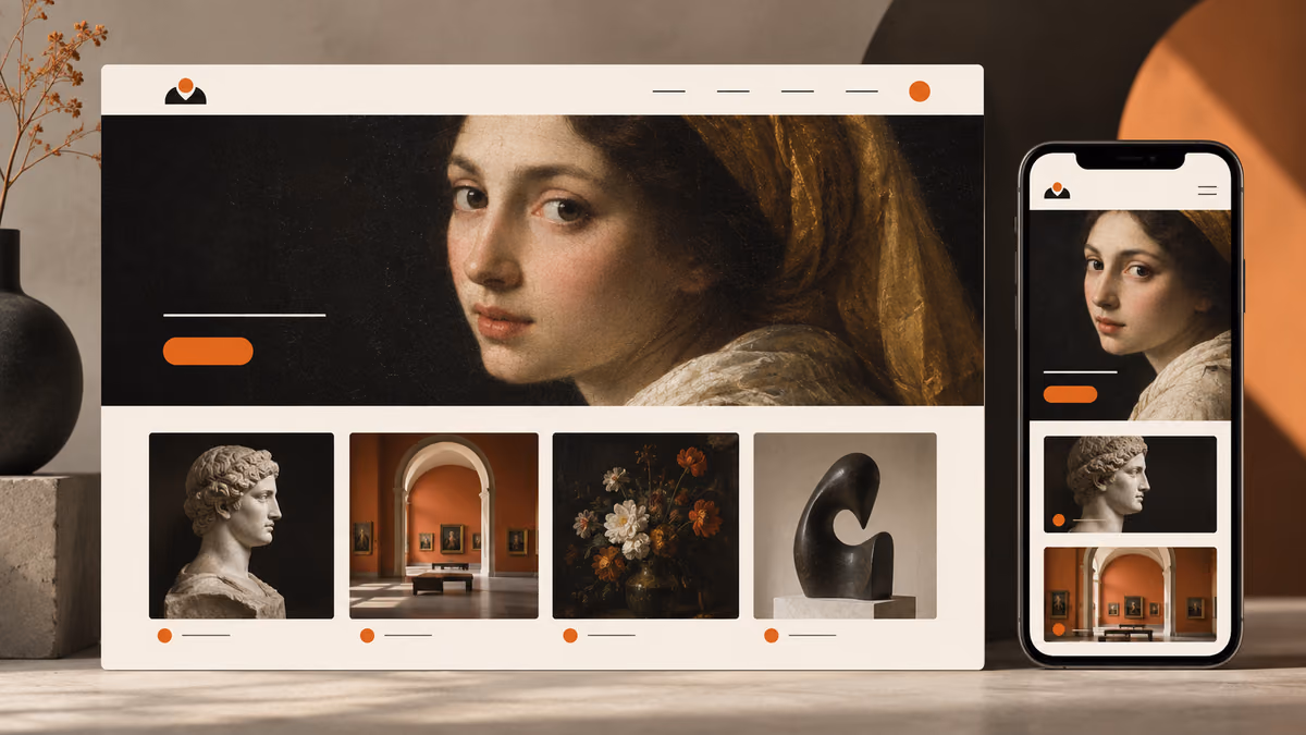 Responsive museum website concept shown at desktop and mobile widths.