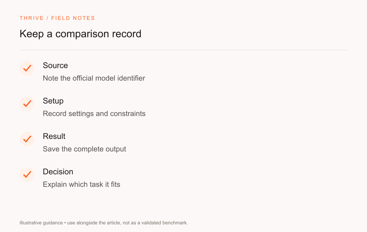Source: Note the official model identifier. Setup: Record settings and constraints. Result: Save the complete output. Decision: Explain which task it fits