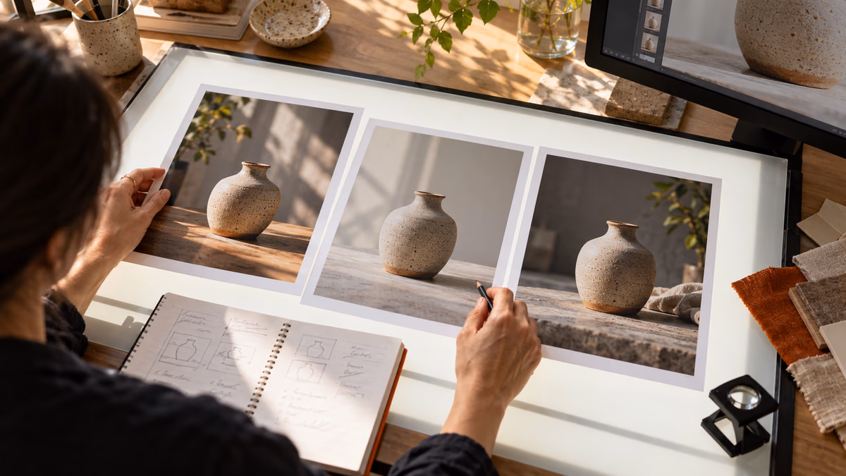 Art director comparing three product image proofs on a light table.