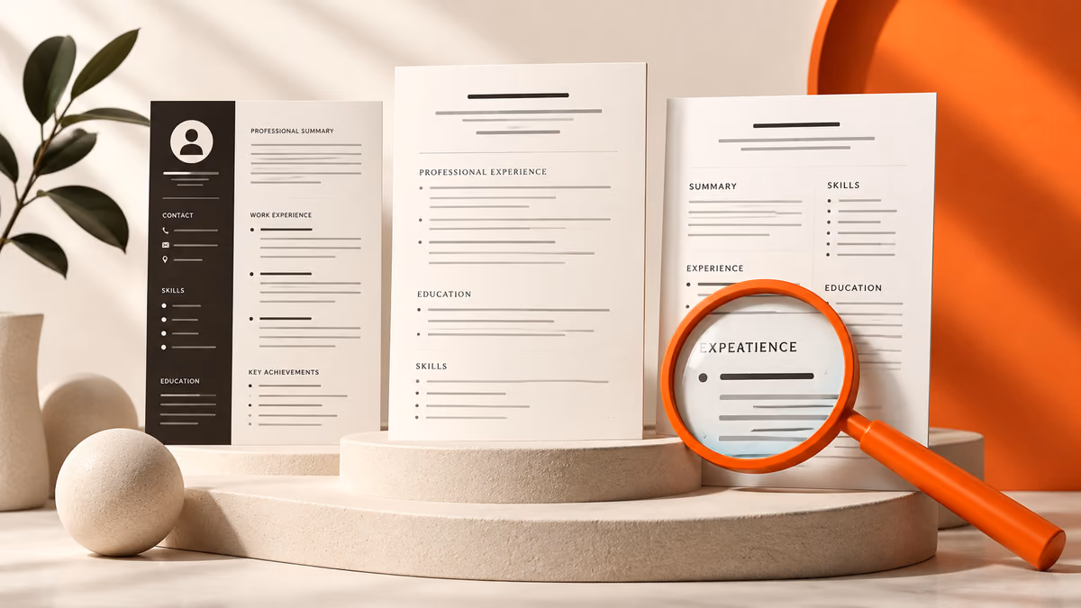 Distinct resume document layouts inspected with a magnifier.