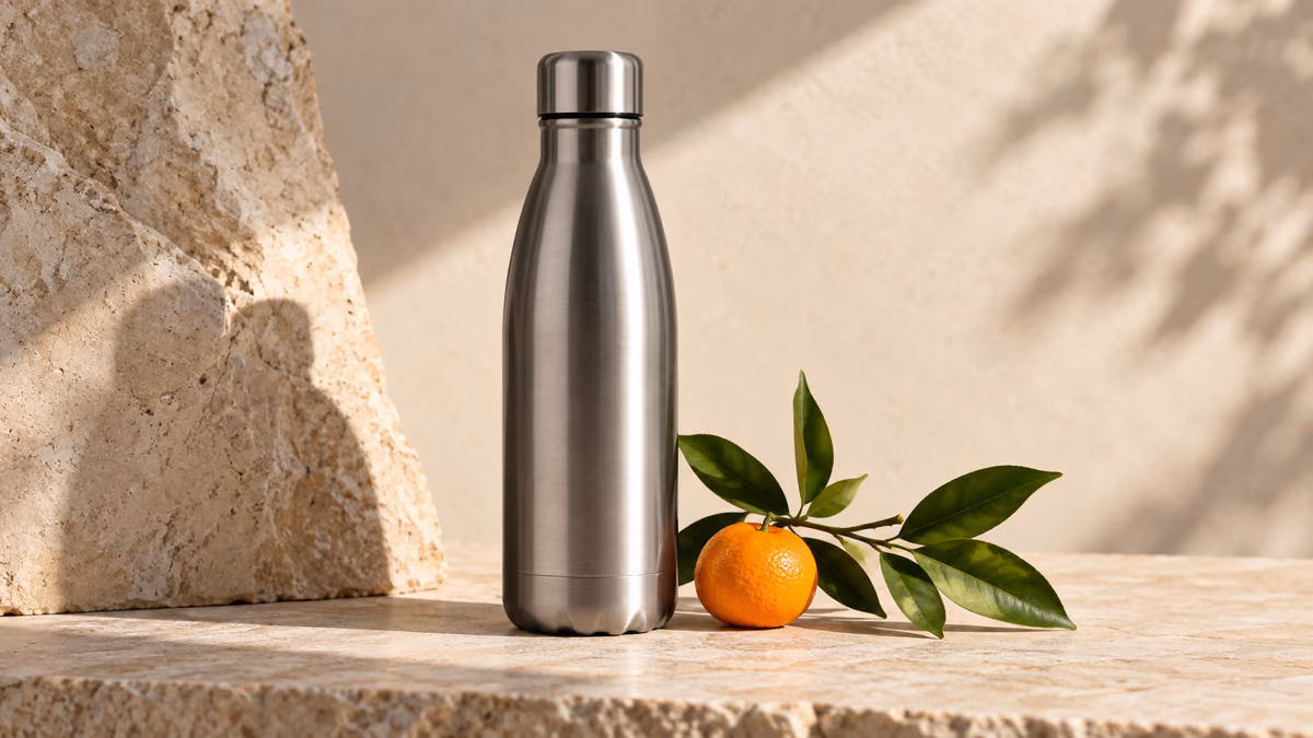 Example product image of a reusable steel bottle on warm stone with a citrus branch.