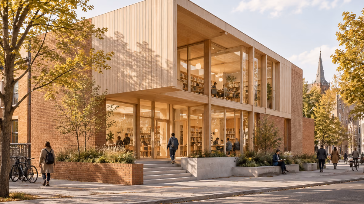Concept visualization of a small timber and brick urban library.