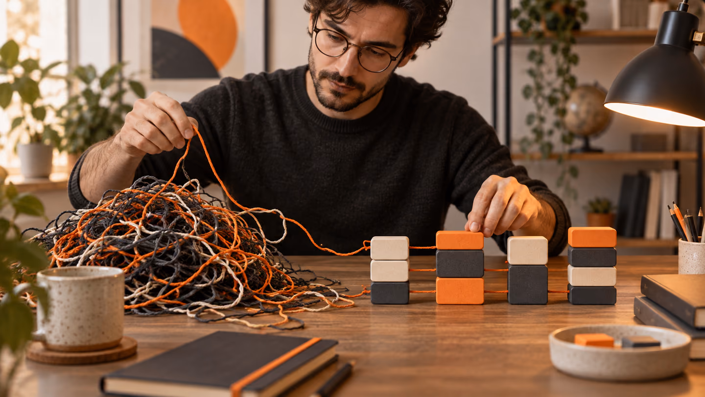 Developer reorganizing tangled software modules into a clear structure.