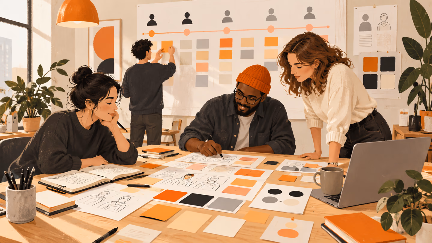 User-experience research materials, journey map and contrast swatches.