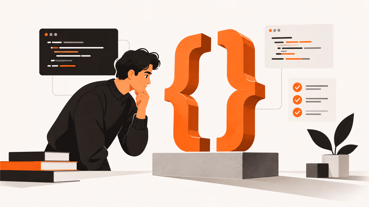 A programmer inspecting code brackets and test artifacts.