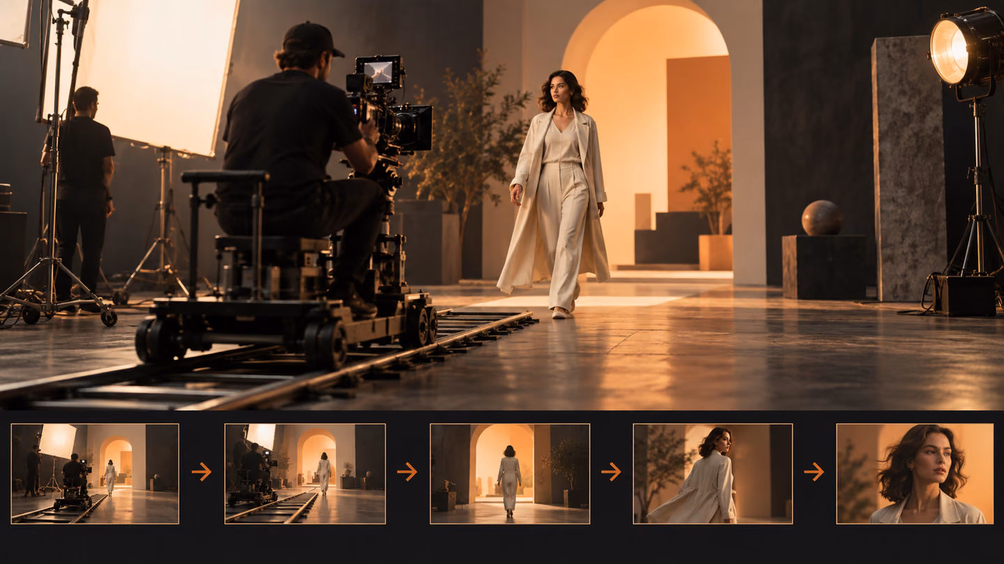 Film camera on a dolly track following a subject through a scene.