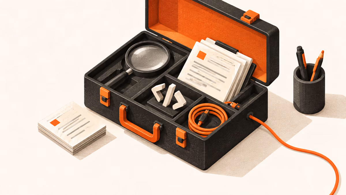 A toolkit of review notes, code brackets and a magnifier.
