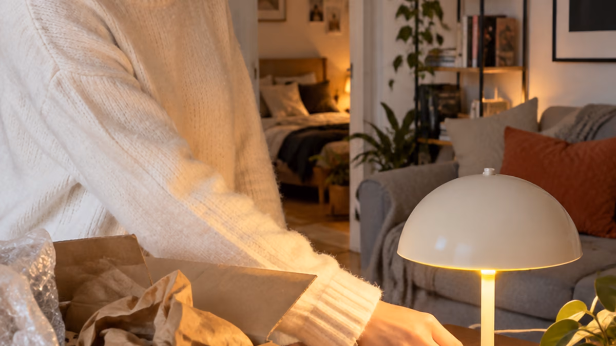Vertical storyboard still of a person unpacking and switching on a desk lamp.
