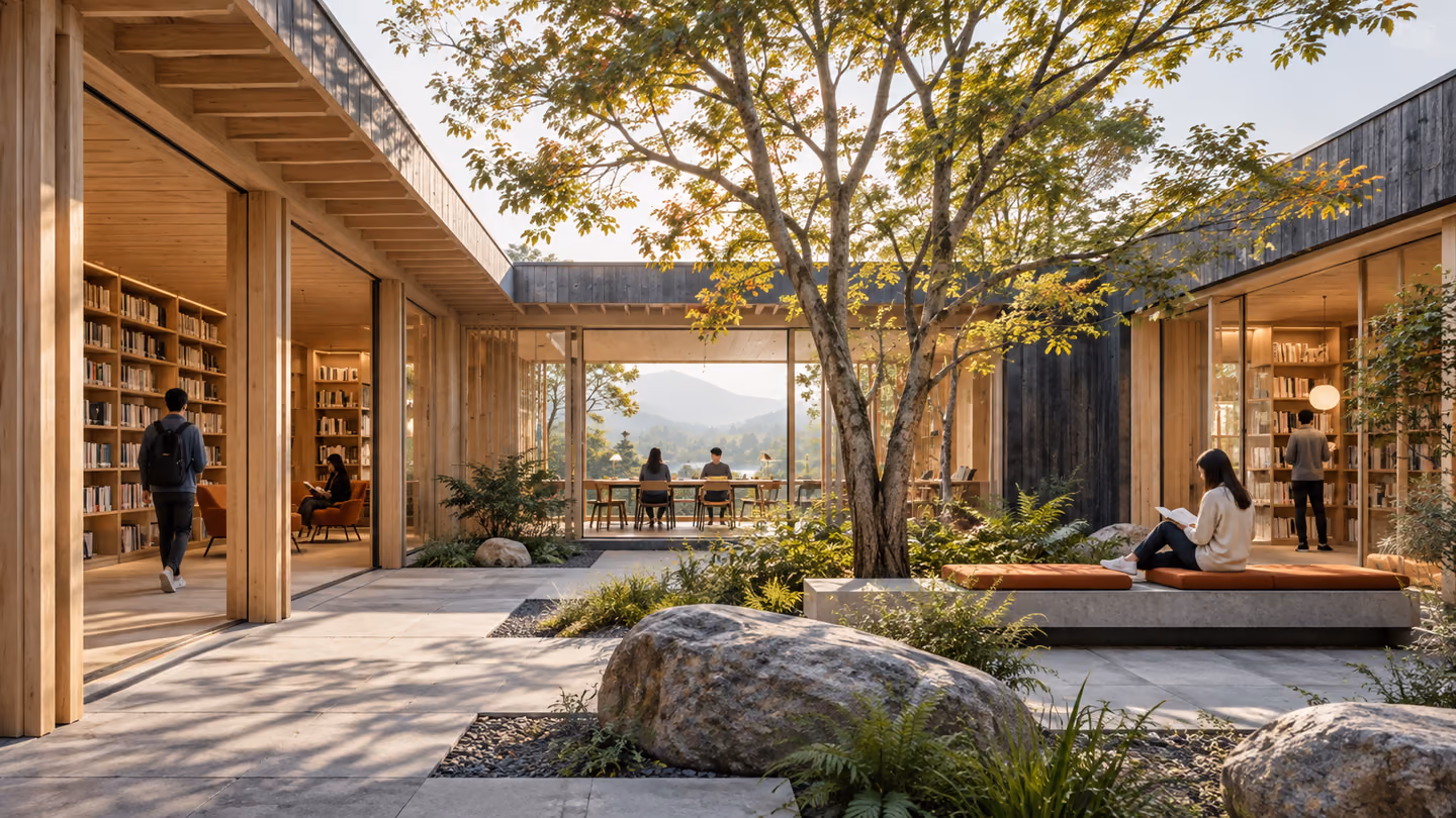 Architectural concept for a small timber courtyard library.