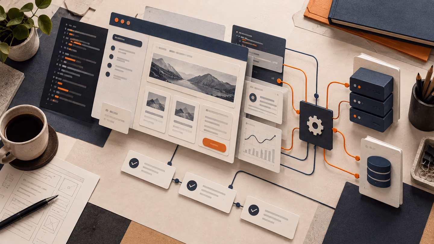 Full-stack application concept with interface, service and data layers.