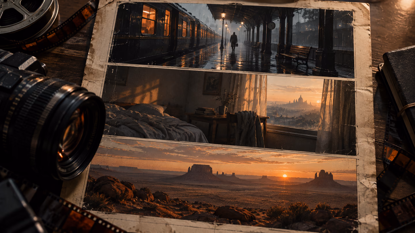 Camera rig and cinematic scene study prepared for a moving shot.