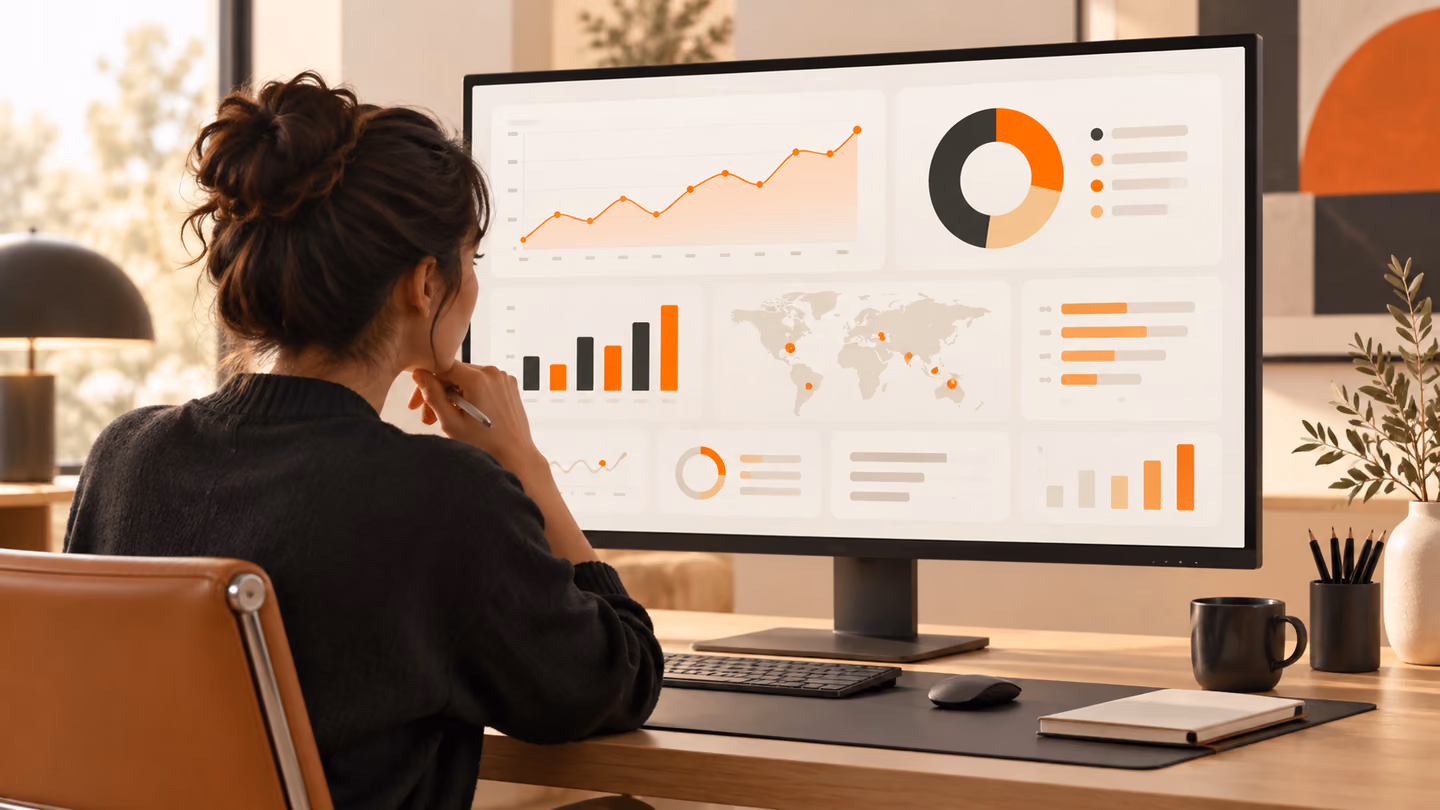 Una diseñadora estudia gráficos de análisis en una gran pantalla de panel de datos.