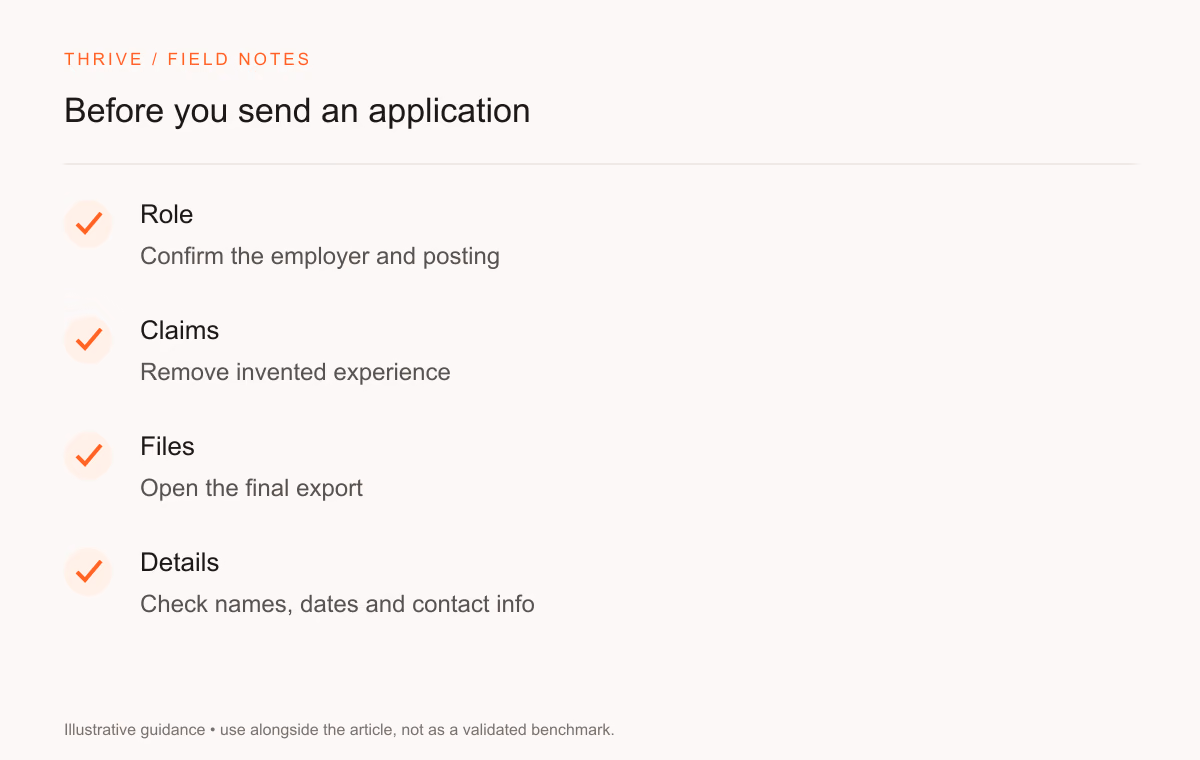 Role: Confirm the employer and posting. Claims: Remove invented experience. Files: Open the final export. Details: Check names, dates and contact info