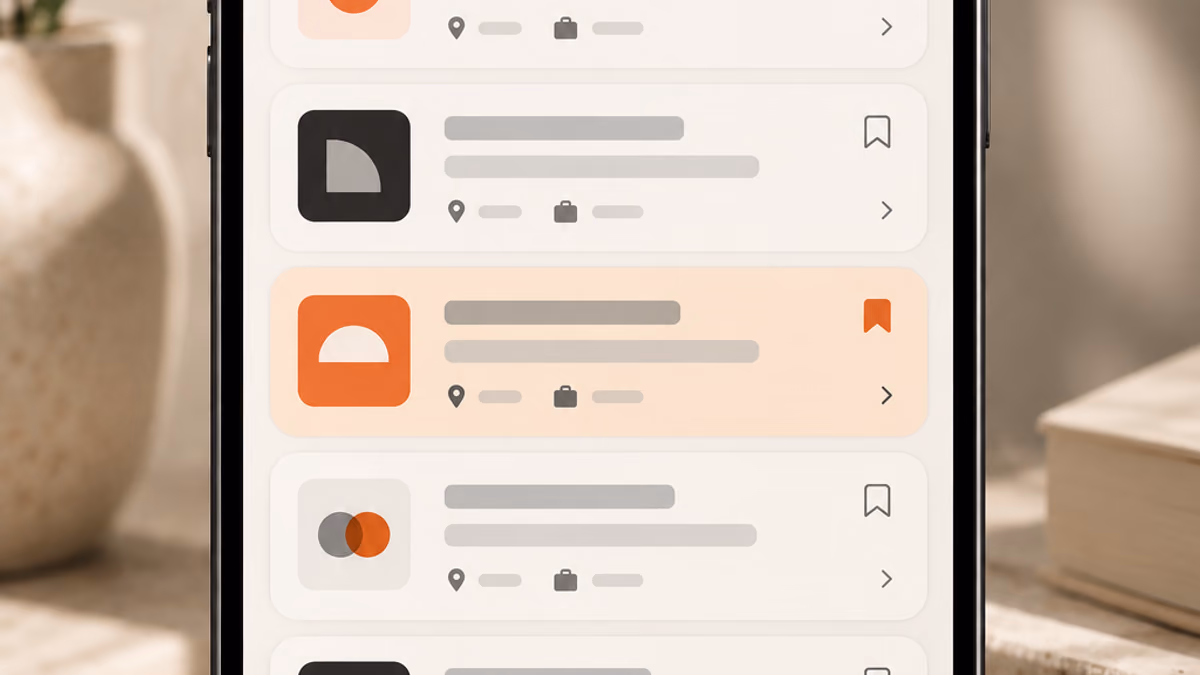 Mobile job-search results interface concept with filters and a clear list hierarchy.