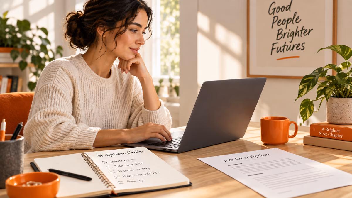 A job seeker with verified postings, notebook and laptop.