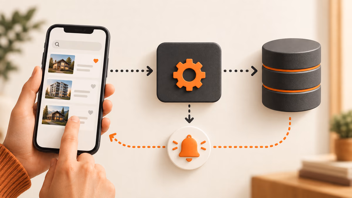 Saved-search app architecture concept connecting phone interface, service and database.
