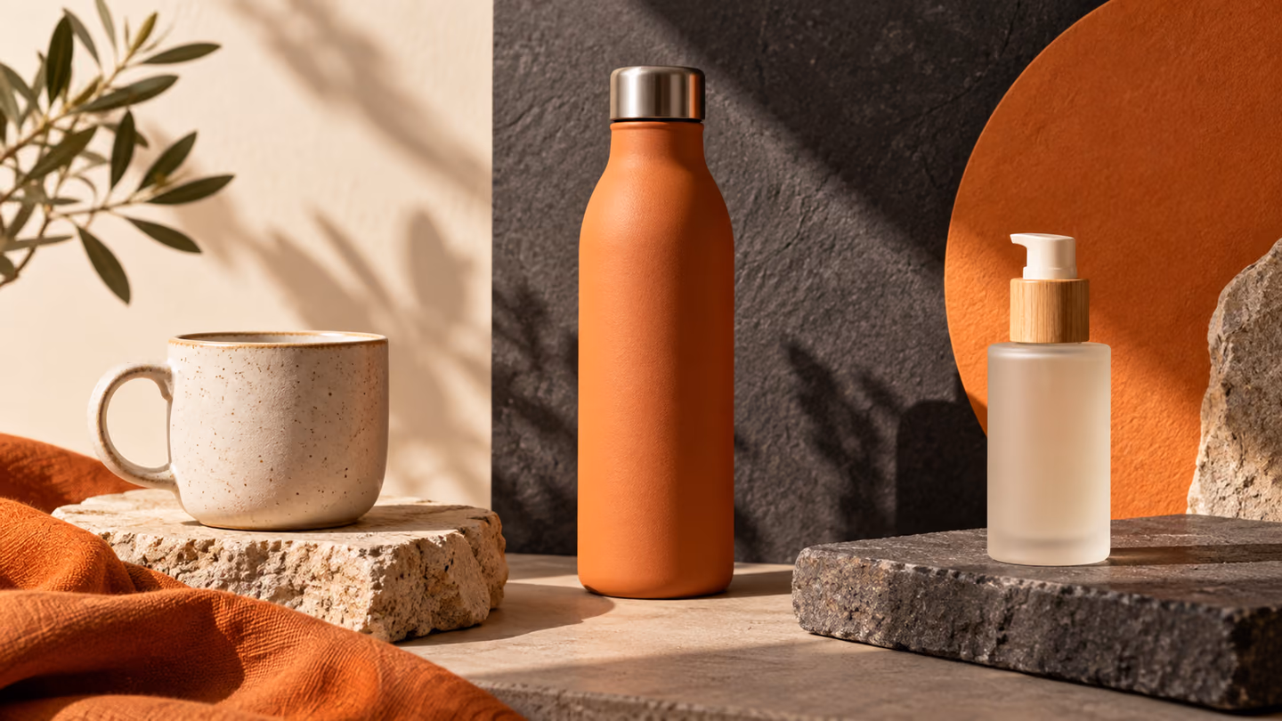 Product photography arrangement of cups and bottles on tactile surfaces.