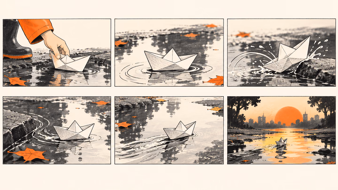 Paper-boat animation storyboard with hand-drawn motion frames.