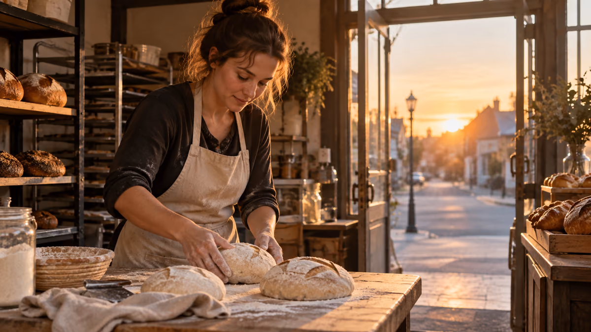 Realistic editorial image of a baker working at a flour-dusted counter at dawn.