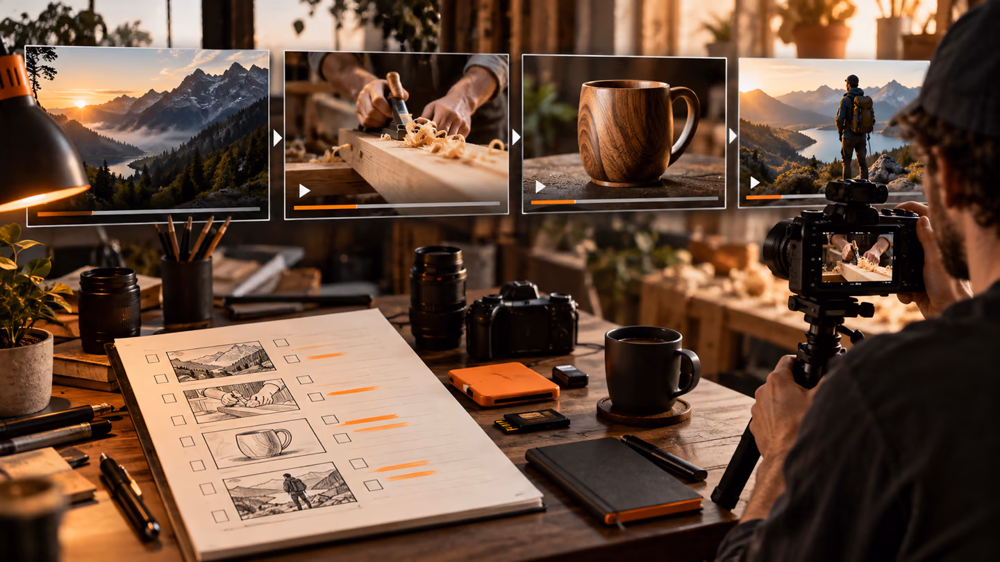 Creator planning a filmed tutorial at a desk with camera equipment.