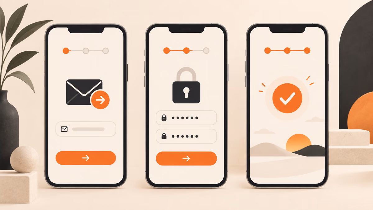 Three-screen password reset flow with progress and confirmation states.