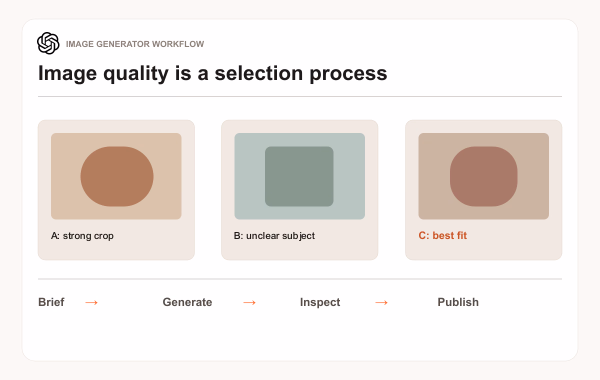 Three image candidates compared before a brief-generate-inspect-publish workflow.