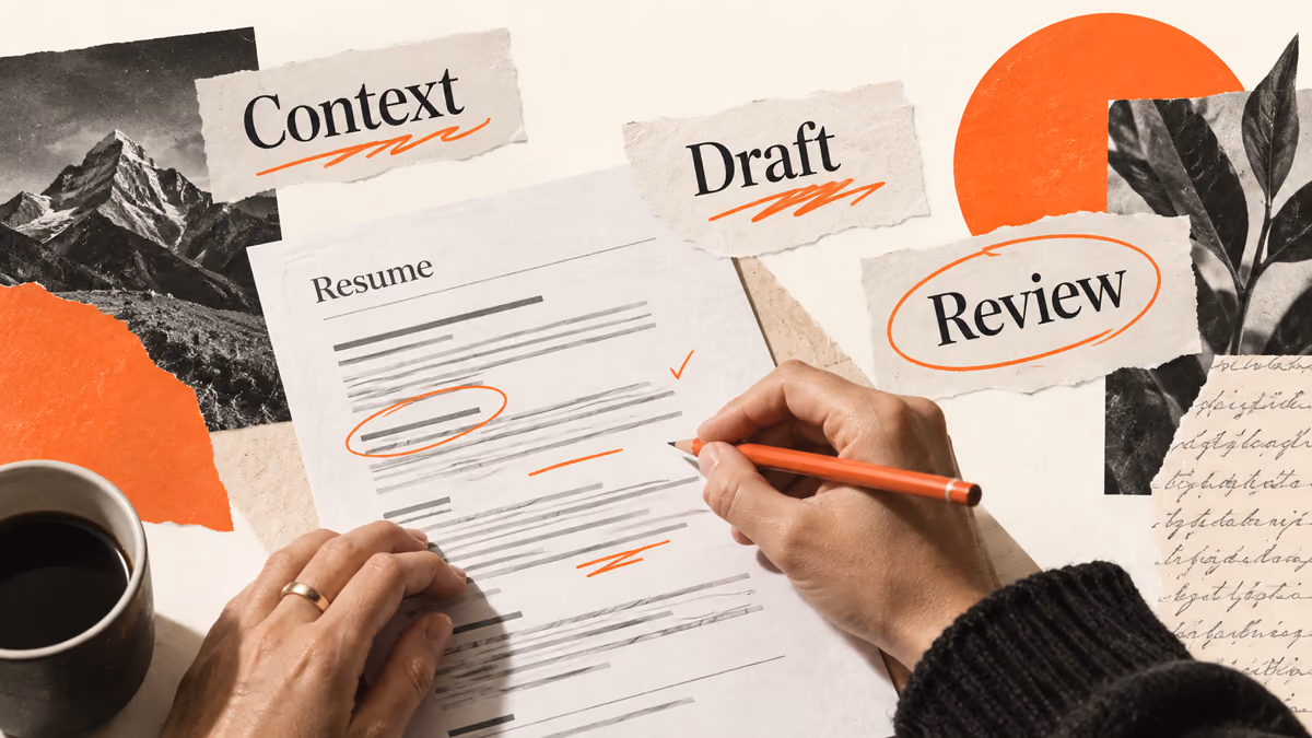 Paper resume notes, prompt fragments and an editor’s marks.