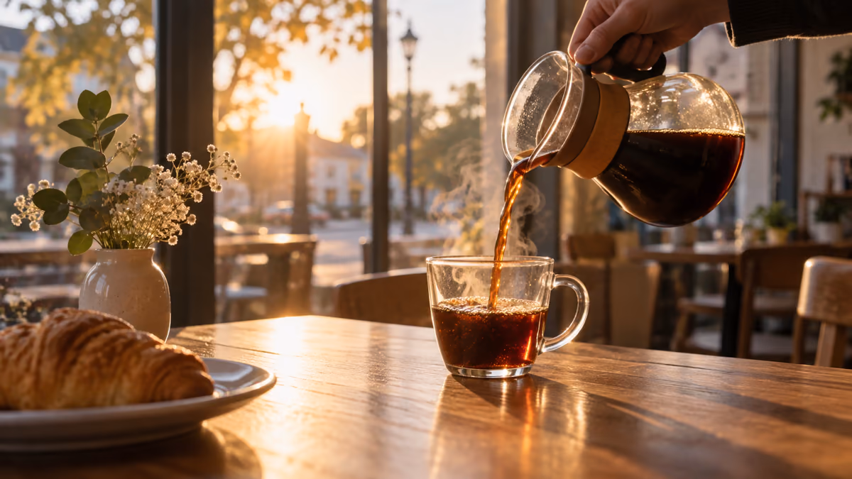 Storyboard still of coffee being poured in a neighborhood cafe at first light.
